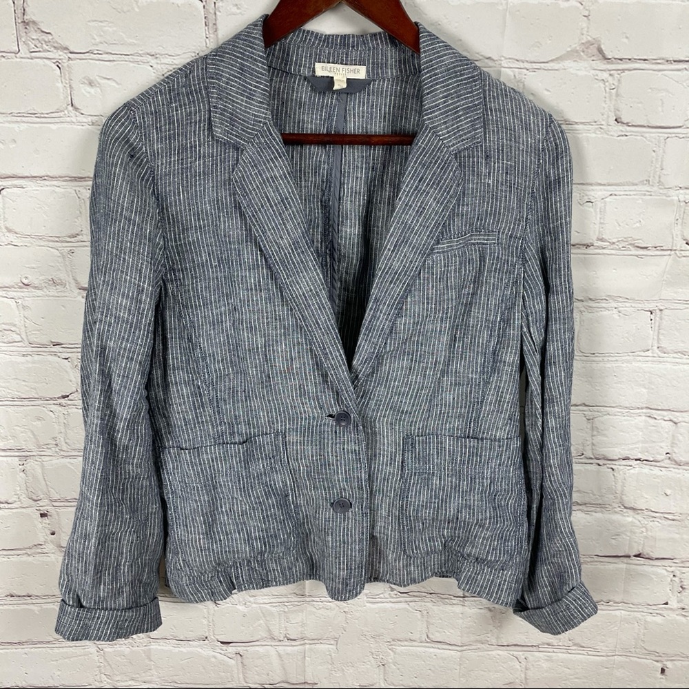 Eileen Fisher chambray railroad Linen Blazer - Picture 6 of 11